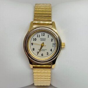 Acqua indiglo women’s quartz analog date watch 25mm gold tone watch running